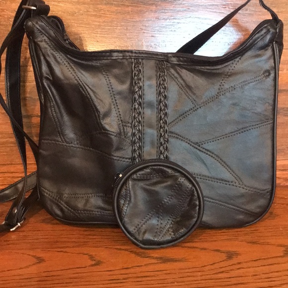 BLACK LEATHER PATCHWORK PURSE WITH MATCHING COIN PURSE - Picture 2 of 13